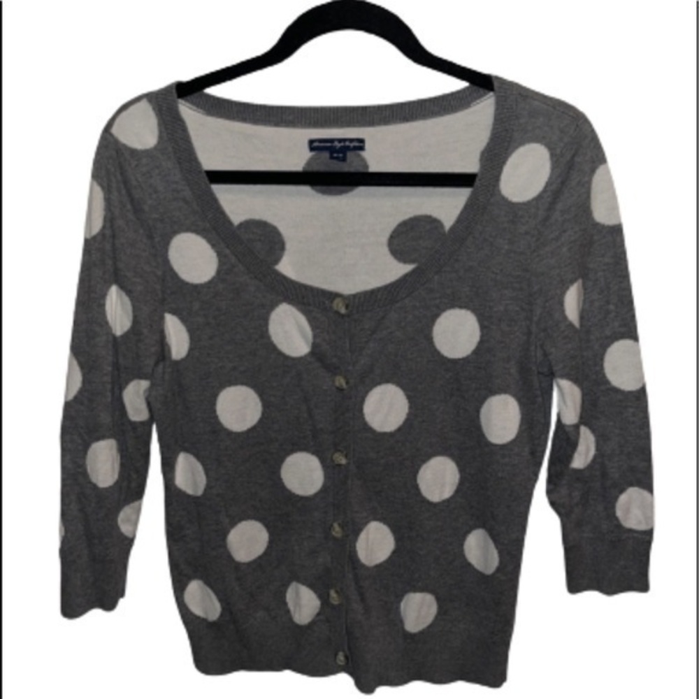 American Eagle Outfitters gray/white polka dot cardigan sweater size M